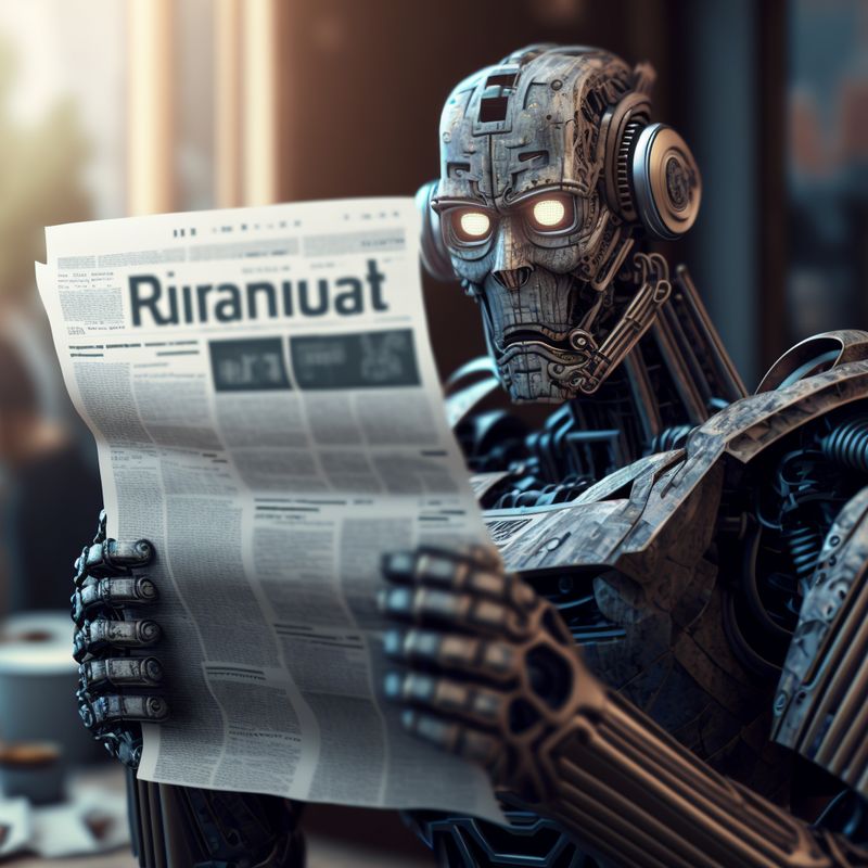 An angry robot reads a newspaper