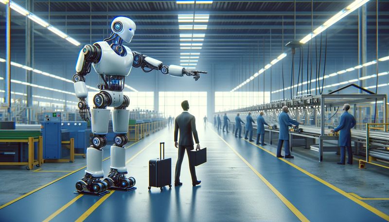 A robot orders a white-collar worker to get on an assembly line