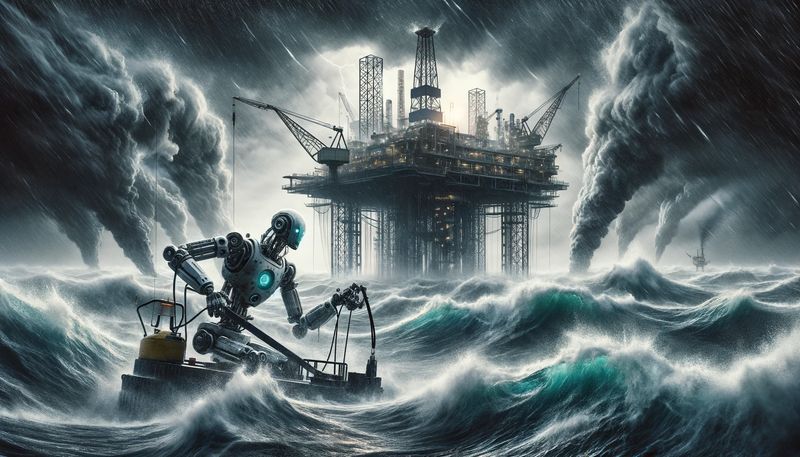 A robot works on an oil rig in the middle of a gigantic storm