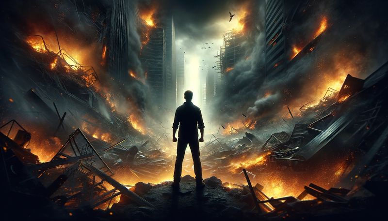 A lone survivor stands defiantly amidst the rubble of society